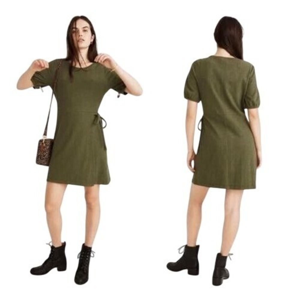 Madewell Texture & Thread Side-Tie Wrap Mini Dress Olive Green AO262 Womens XS‎